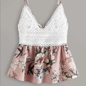 Tie Back Floral Print Lace Panel Cami Top